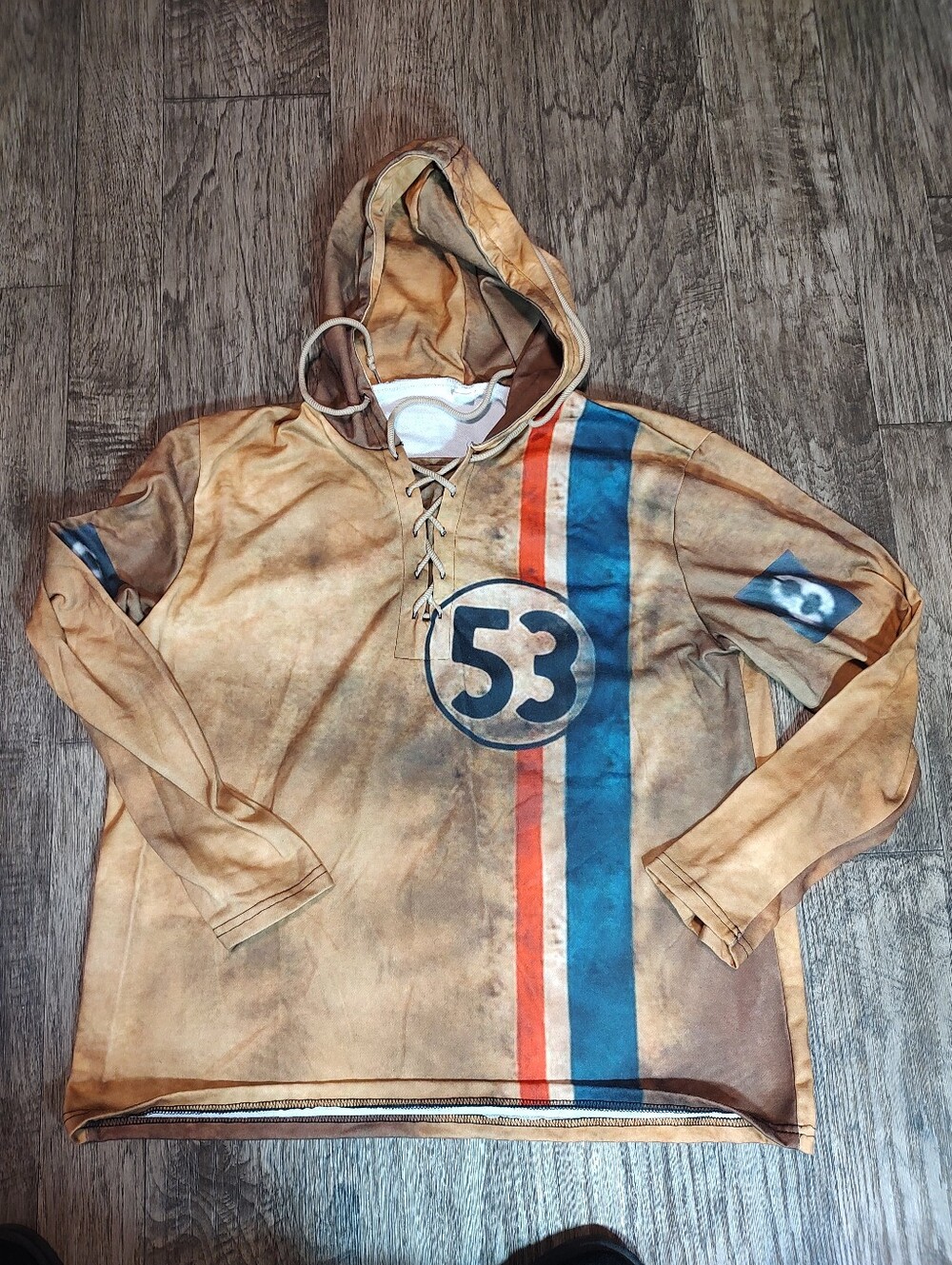 Vintage-Style Beige Hoodie Shirt with Blue & Red Racing Stripe Size L